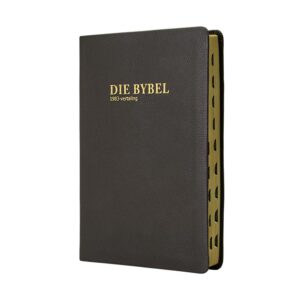 AFRIKAANS 1983 volledige Bybel, mediumgrootte, bruin egte leeromslag, goud-opsnee, duimindeks