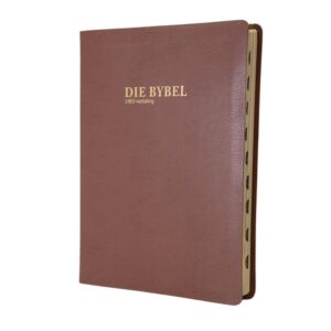 AFRIKAANS 1983 volledige Bybel, grootdruk, luukse taankleurige verwerkte leeromslag, goud-op-snee, duimindeks